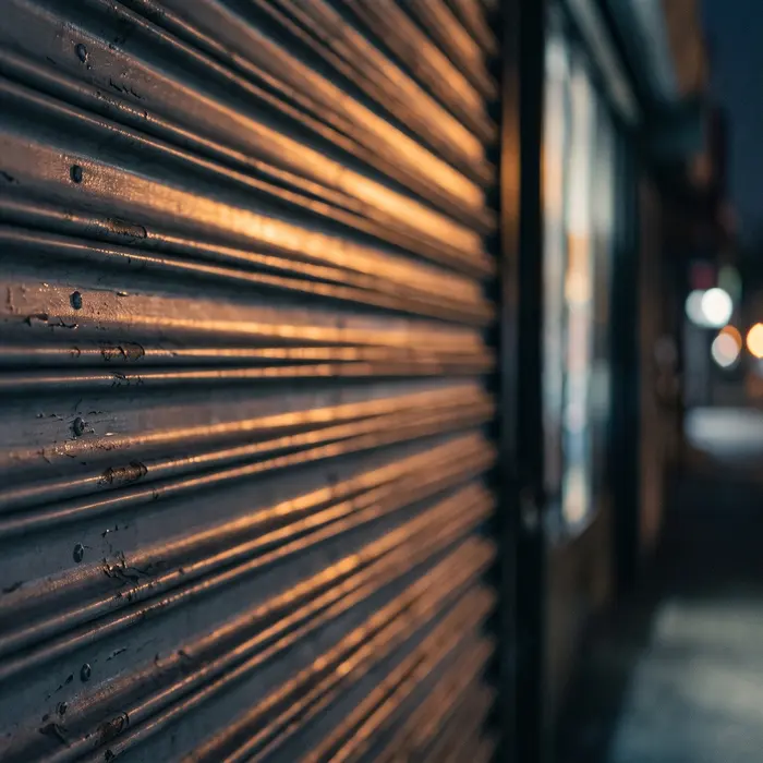A closed roll-down storefront gate at night, lit from the side