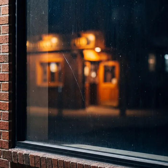 An empty dark shop window reflecting the warm lit windows of a pub across the street at night