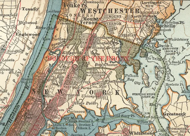 An illustrated map of the Bronx and the neighbourhoods around it, from Riverdale and Woodlawn in the north to Hunts Point and Throgs Neck in the south