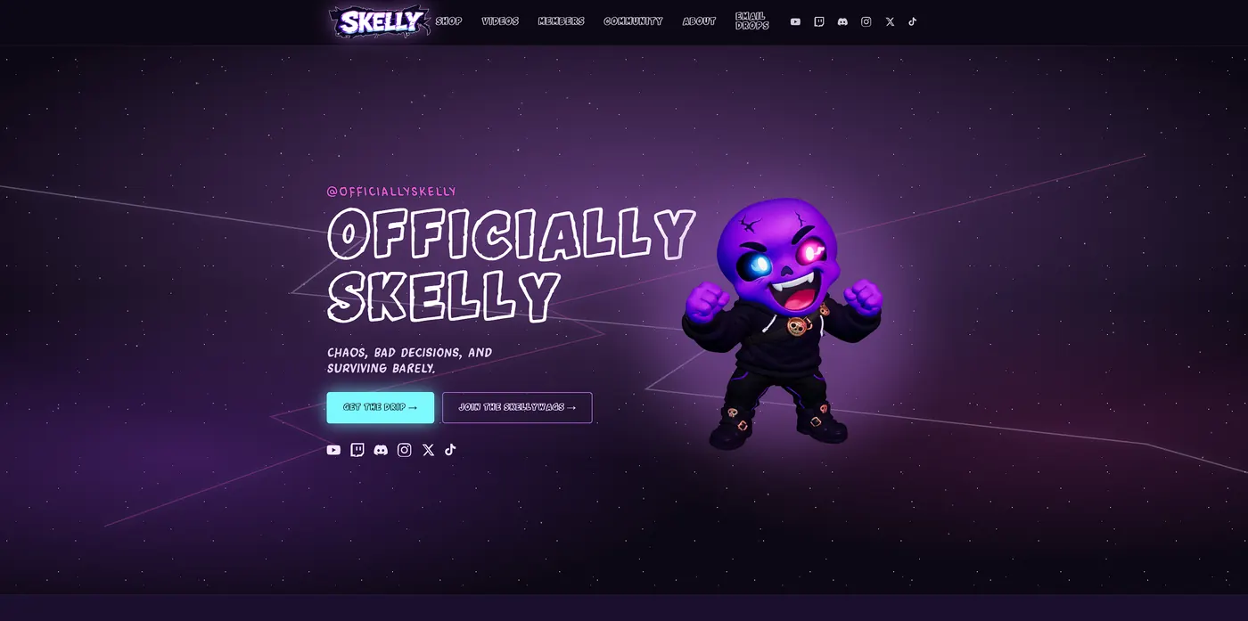 The Skellywags Club site: merch storefront, membership tiers, and community links