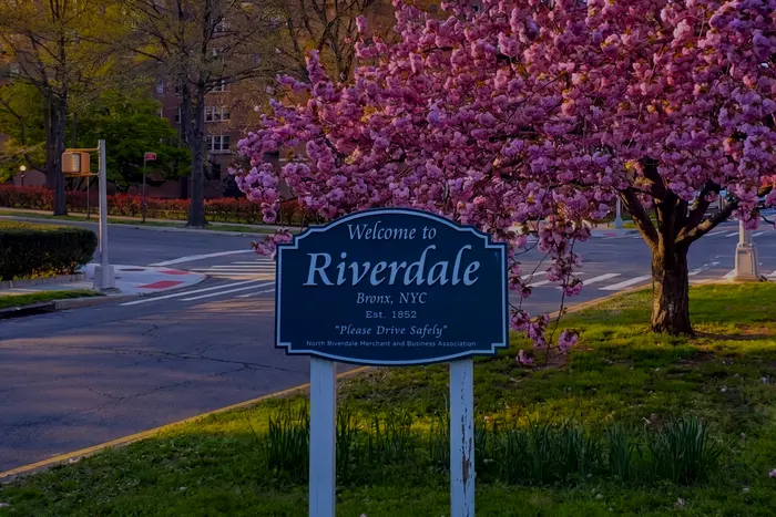 A Welcome to Riverdale sign under a tree in blossom at dusk