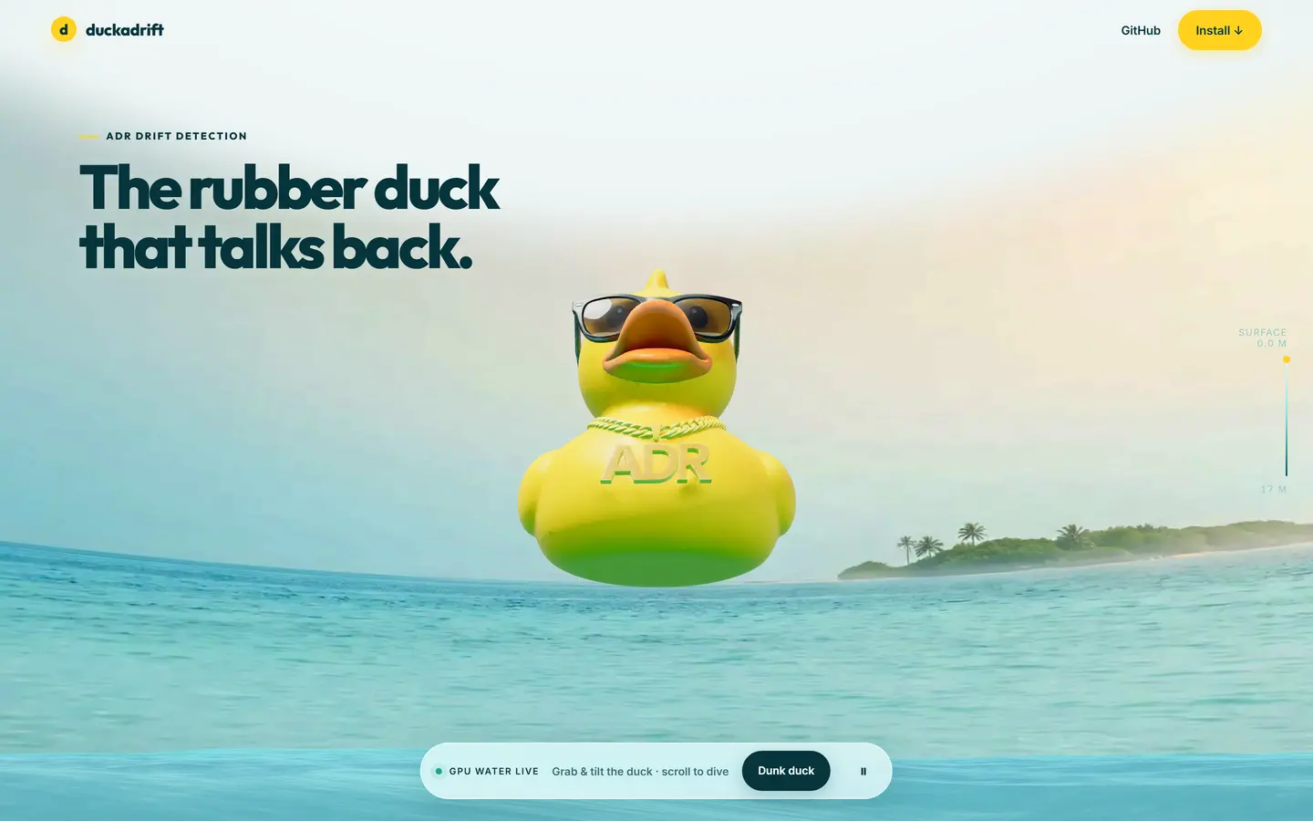 The Duckadrift landing page, with the water scene and the duck, on a desktop screen.