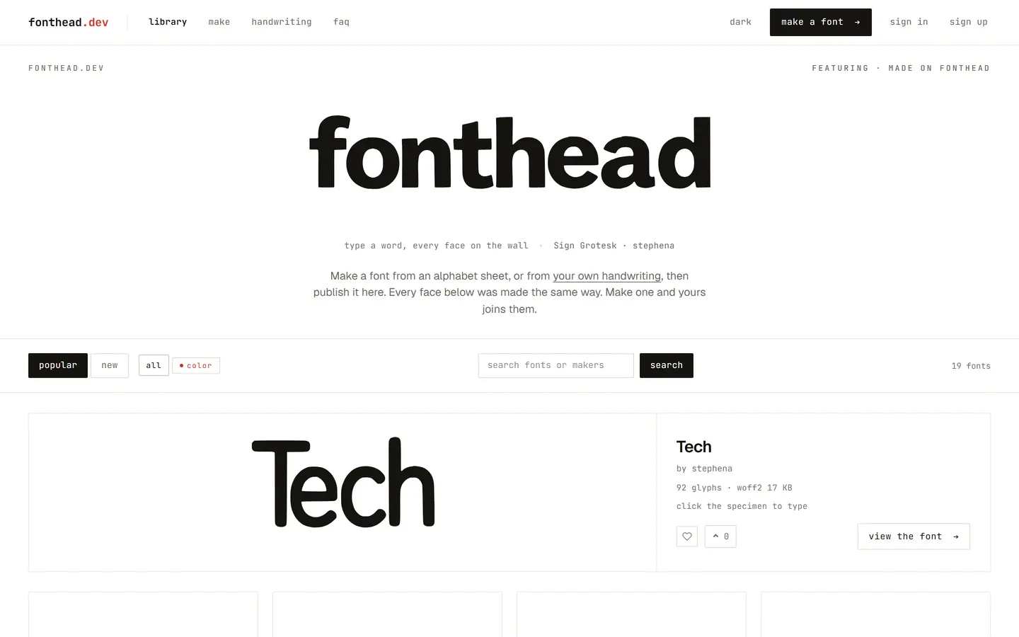 The Fonthead home page, where an alphabet sheet becomes a font, on a desktop screen.