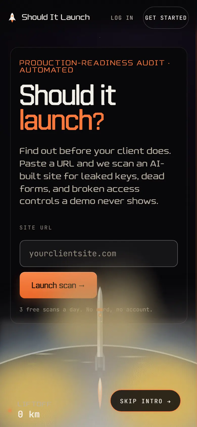 The Should It Launch home page, where you paste a URL, on a phone.