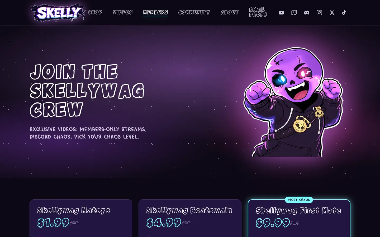 The Skellywags membership tiers, three plans on the live site.
