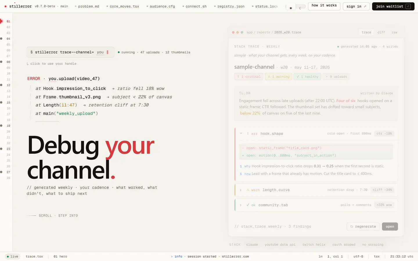 The StillError home page, with stack traces and patch notes, on a desktop screen.